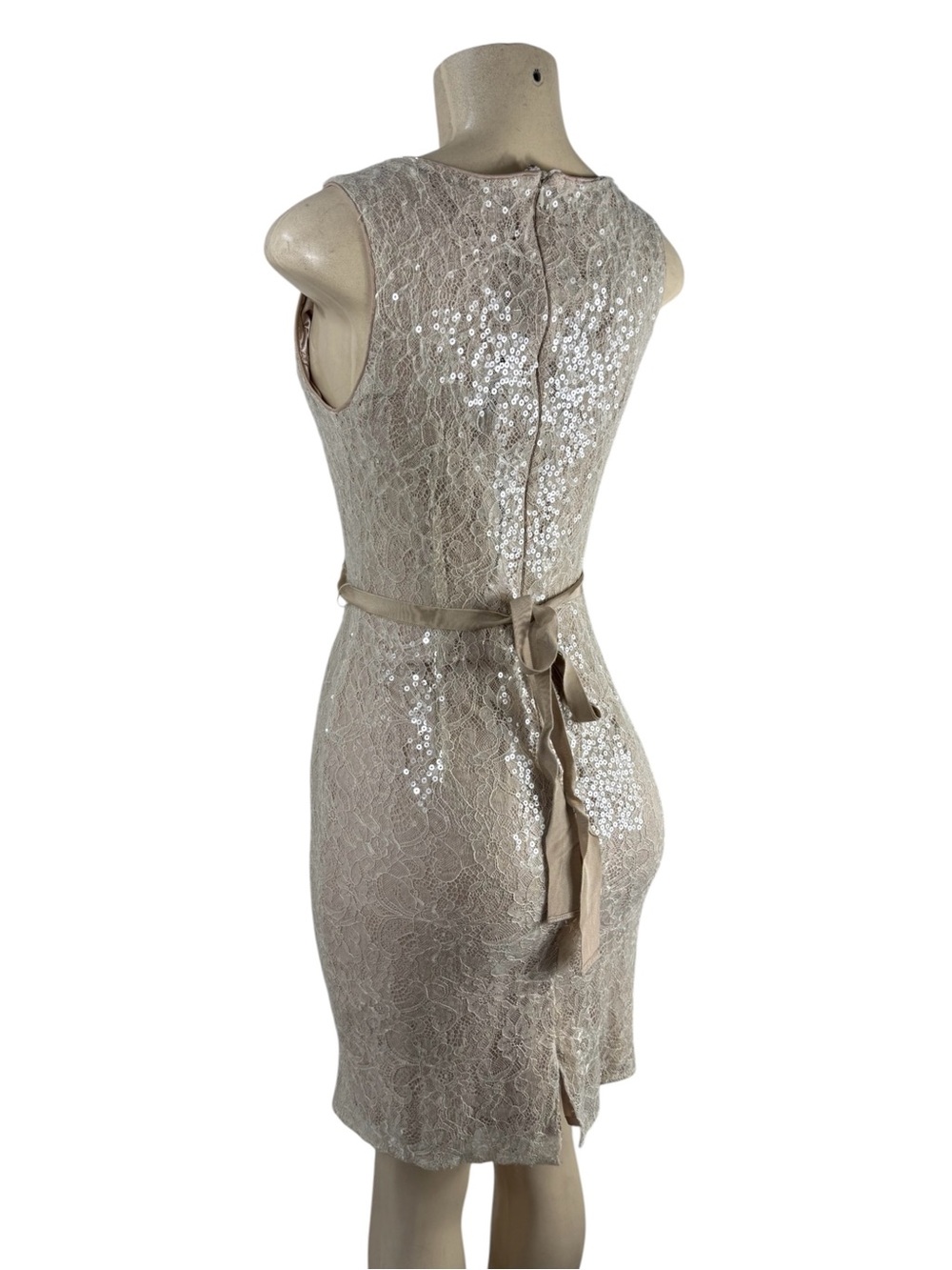BADGLEY MISCHKA Sleeveless Beige Lace Sequin Dress Size US10 - Picture 4 of 7